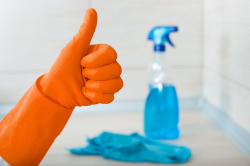 Professional using steam cleaner on upholstered sofa